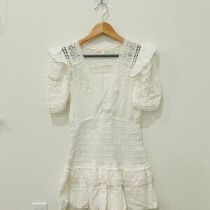 LoveShackFancy White Embroidery V Neck Cotton Mini Dress